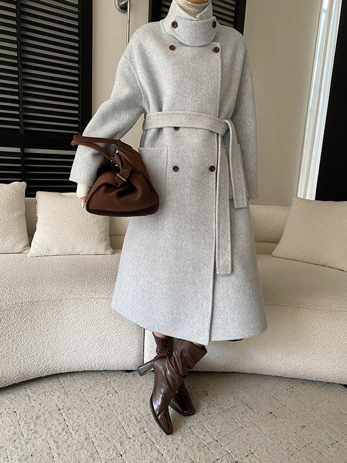 Women's Double-Breasted Belted Coat with Stand Collar