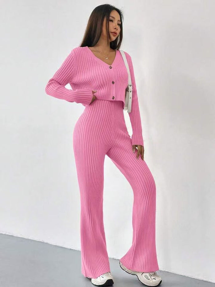 Women's Ribbed Knit Set with V-Neck Cardigan and Flare Pants