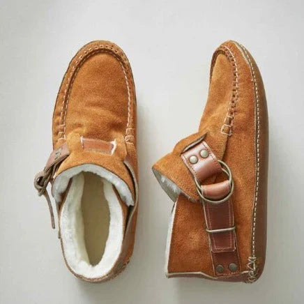 Women's Suede Ankle Boots with Side Zipper and Buckle