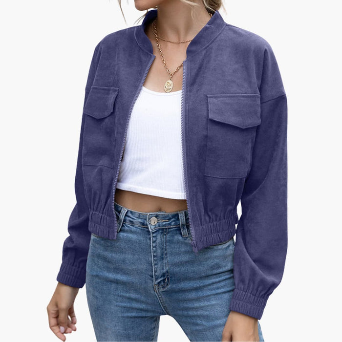Women’s Bomber Jacket with Elastic Waistband and Patch Pockets