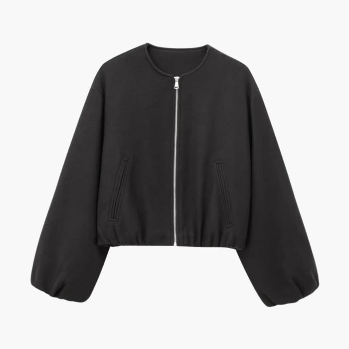 Women’s Cropped Bomber Jacket with Zipper and Elastic Waist