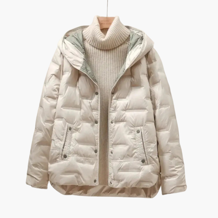 Women’s Hooded Puffer Jacket with Quilted Surface and Front Snap Closure