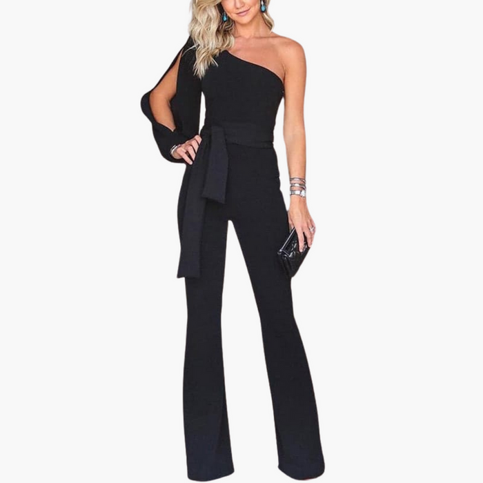 Women’s One-Shoulder Long Sleeve Jumpsuit – Fitted Waist Full-Length Outfit