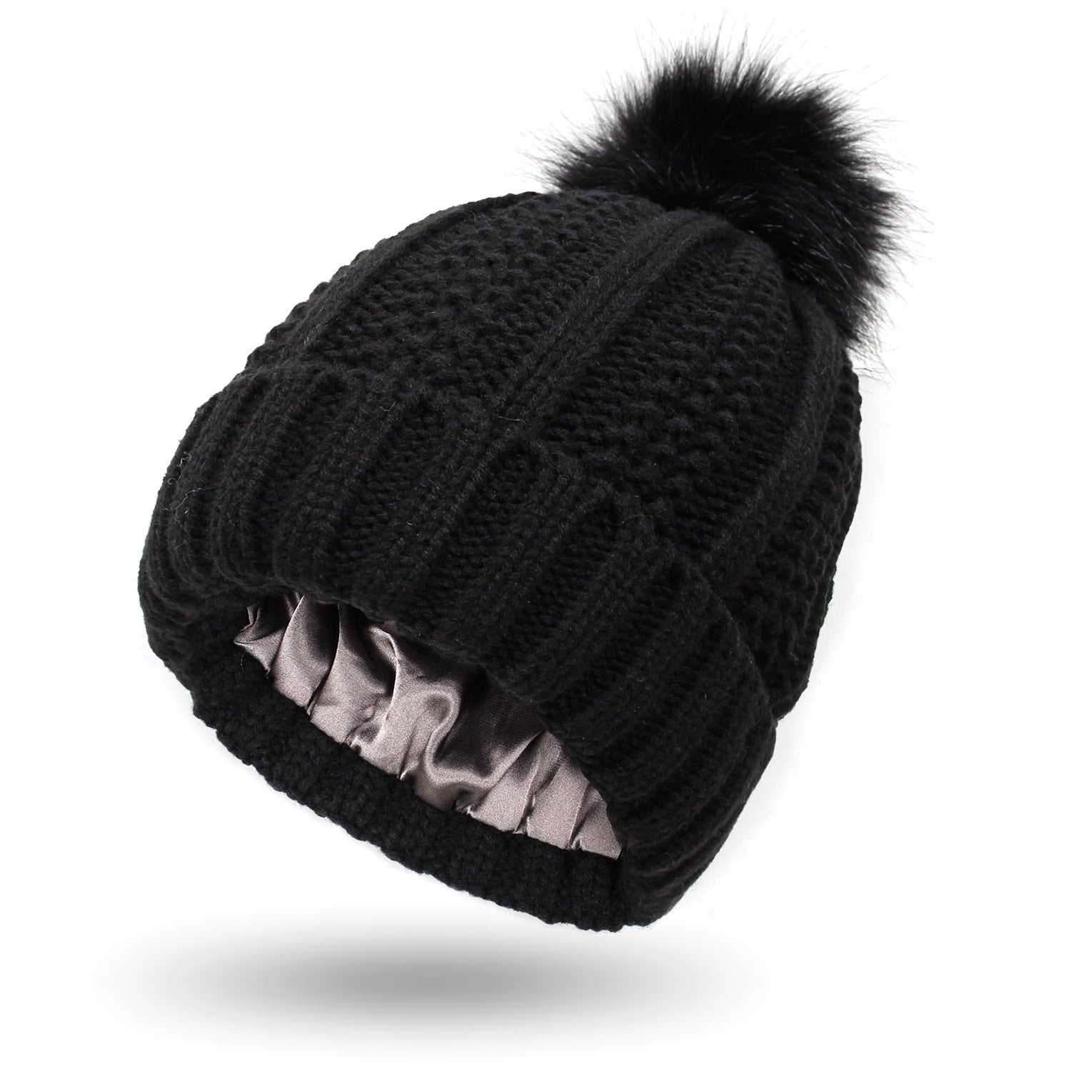 Knit beanie with faux fur pom pom