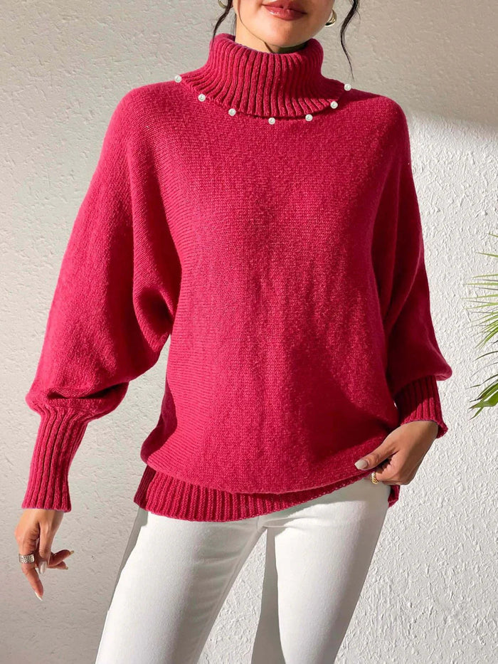 Women's Turtleneck Sweater with Relaxed Fit and Pearl Detail