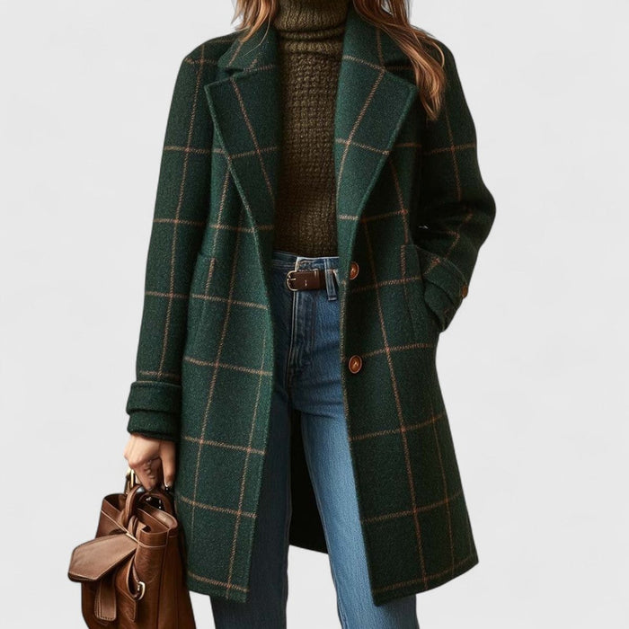 Women's Plaid Coat with Notched Lapels and Fitted Cut