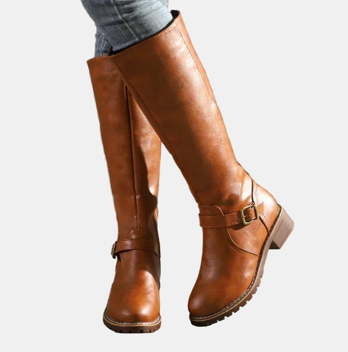 Women's Knee-High Boots Side Zipper Buckle Detail