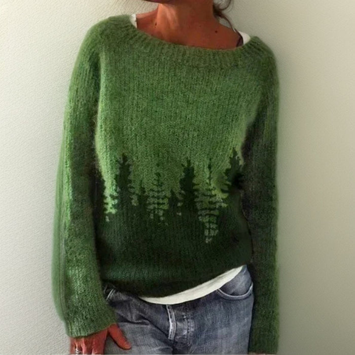 Women's Oversized Pine Tree Knit Sweater Round Neck