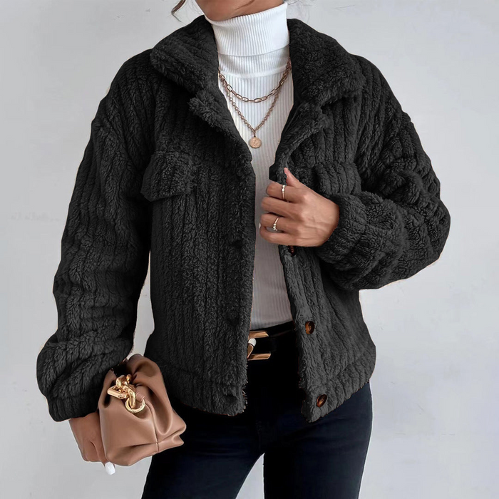 Women's Cropped Teddy Jacket Button-Front Chest Pockets