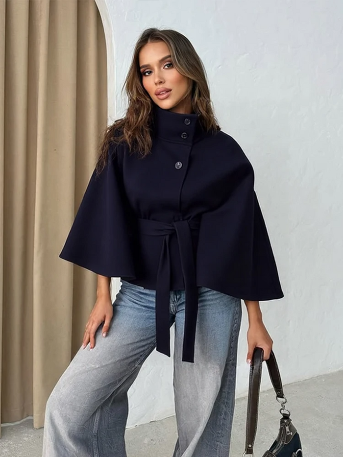 Women's Cape Coat with High Collar and Tie Belt
