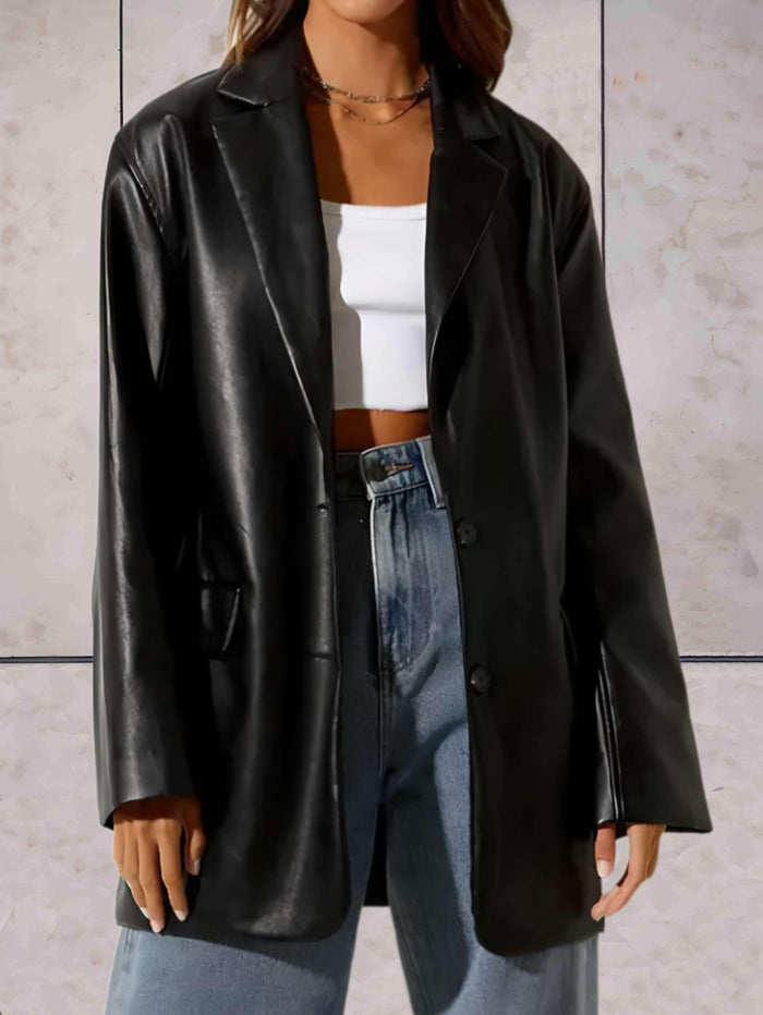 Women's Oversized Leather Blazer Open Front Longline