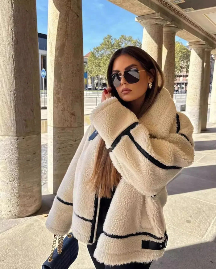 Women's Oversized Sherpa Jacket with Contrast Trim