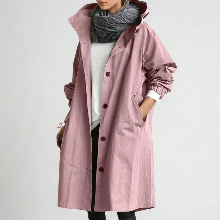 Women's Hooded Water-Resistant Trench Coat Button-Front