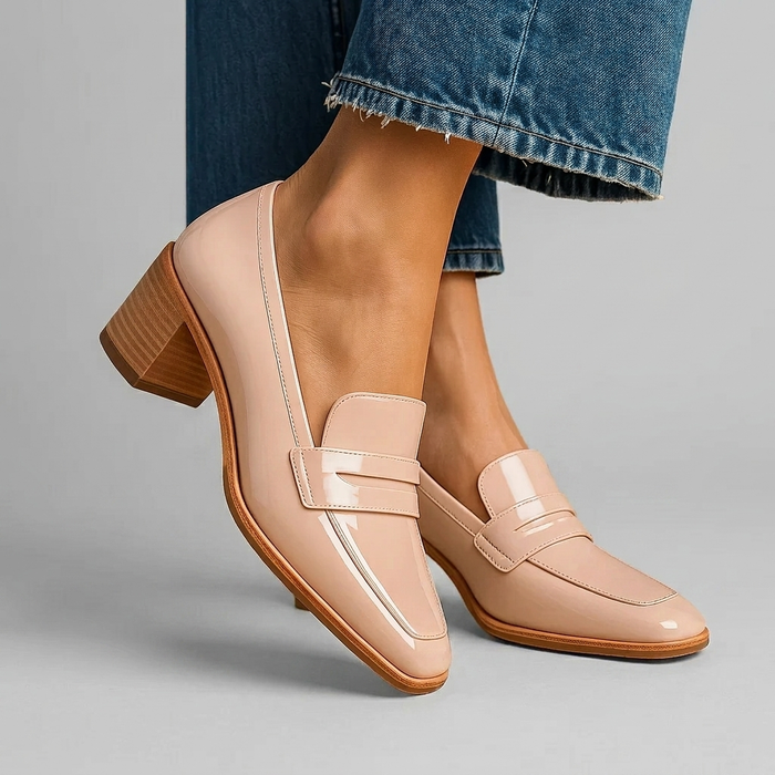 Women's Block Heel Loafers with Rounded Toe and Instep Strap