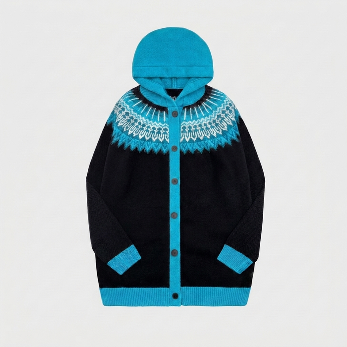 Women's Hooded Cardigan Button-Front with Fair Isle