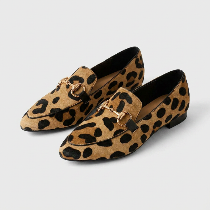 Women's Leopard Pointed Toe Loafers with Gold Hardware