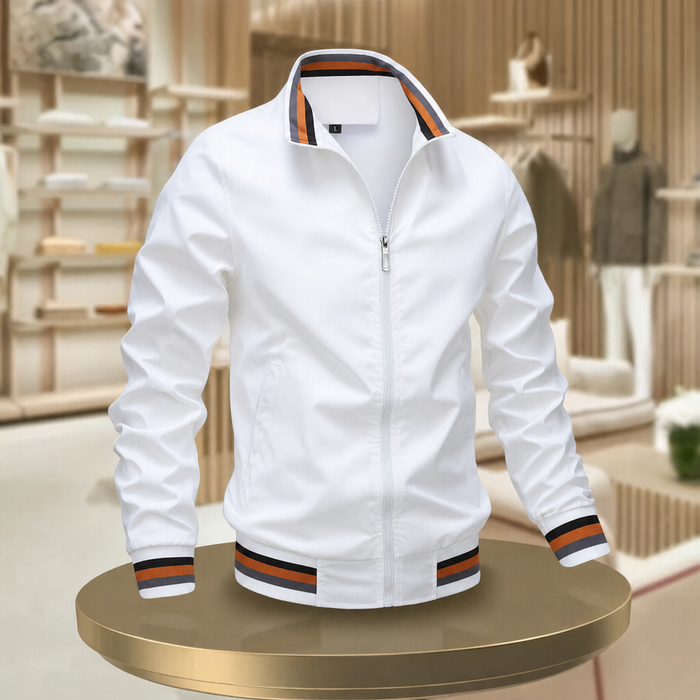 Men's Zip-Front Jacket with Striped Trim and Stand Collar
