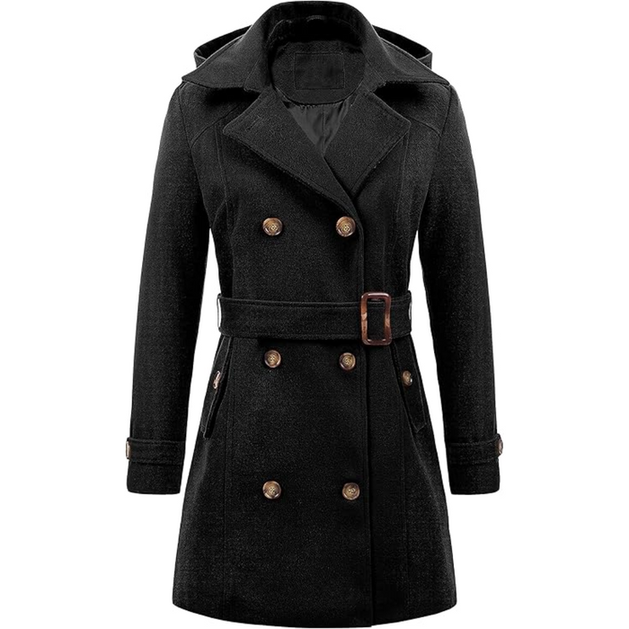 Women's Double-Breasted Hooded Trench Coat with Belt