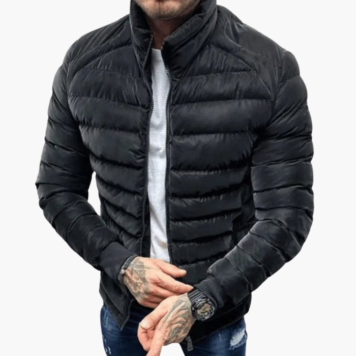 Men's Puffer Jacket with Stand Collar and Front Zipper