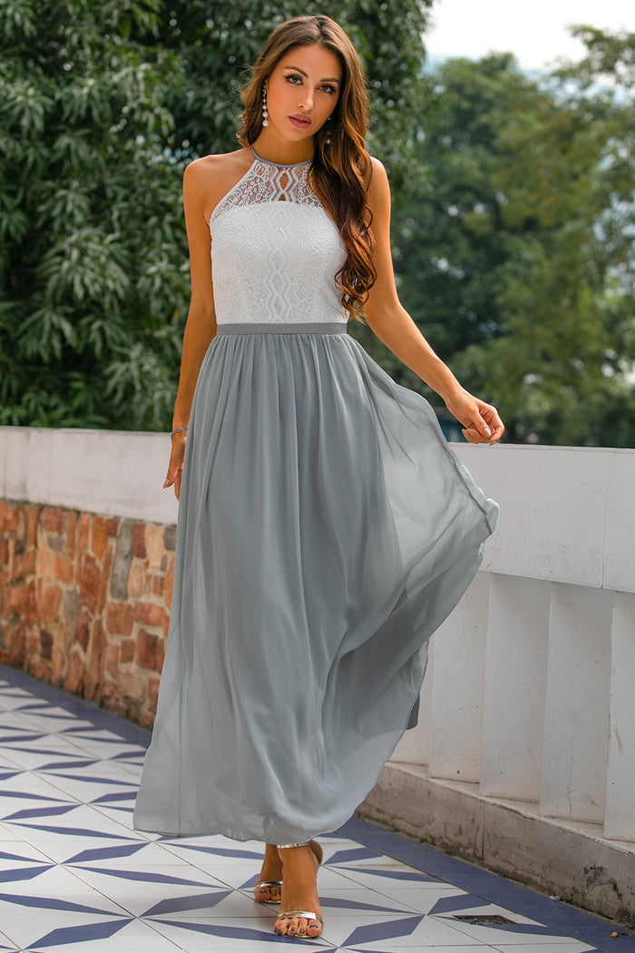 Women's Lace Halter Maxi Dress with Open Back for Weddings