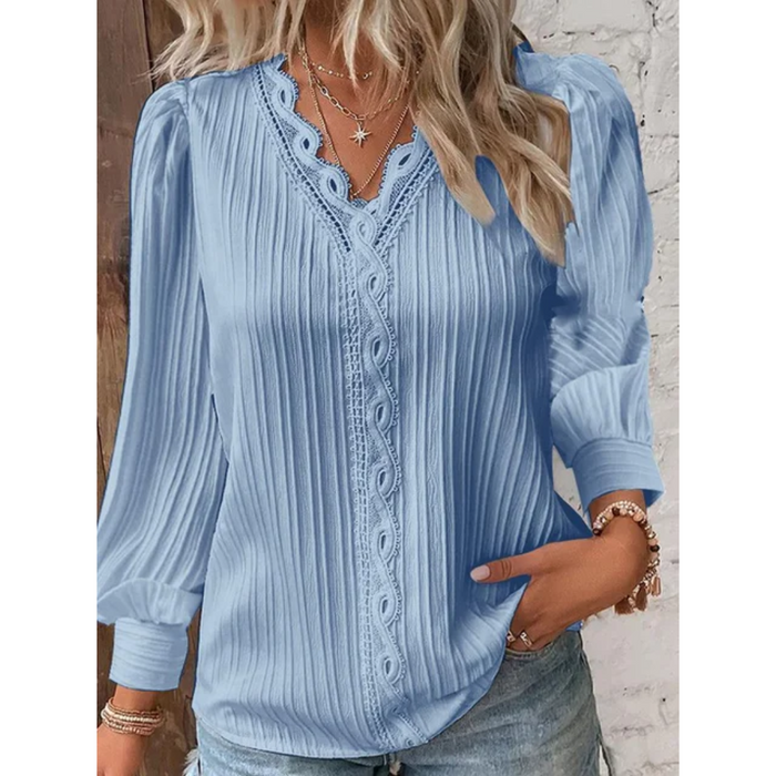 Women's Ribbed V-Neck Blouse with Long Sleeves